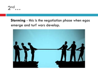 2nd…
Storming - this is the negotiation phase when egos
emerge and turf wars develop.
 