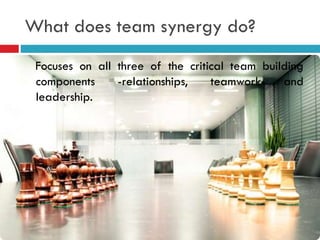 What does team synergy do?
Focuses on all three of the critical team building
components -relationships, teamwork and
leadership.
 