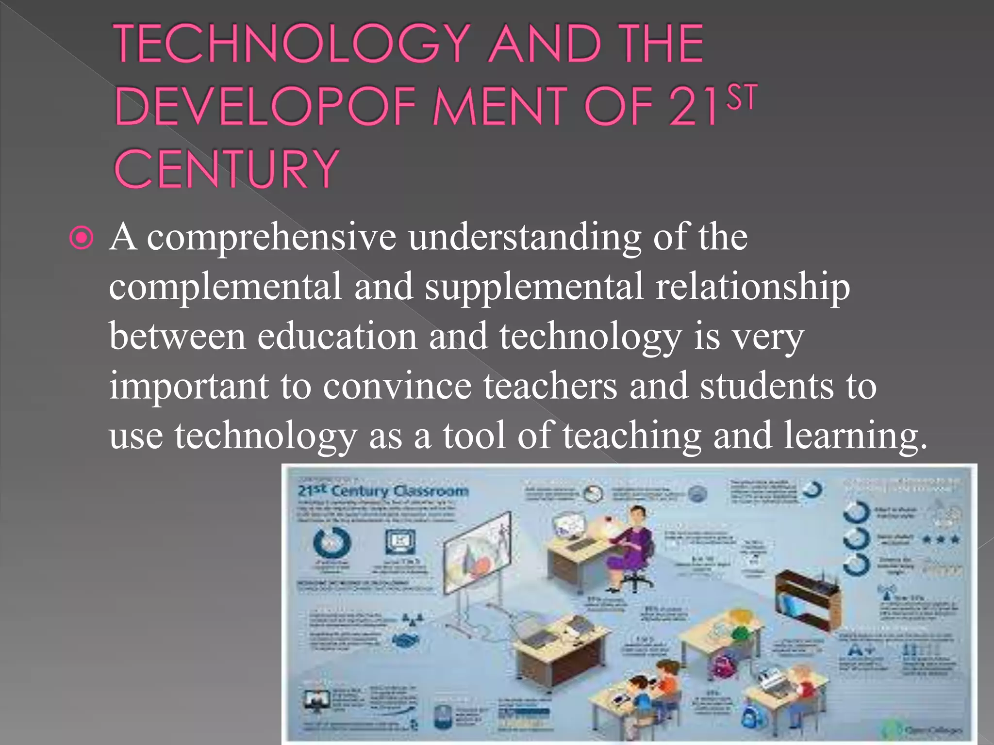  A comprehensive understanding of the
complemental and supplemental relationship
between education and technology is very
important to convince teachers and students to
use technology as a tool of teaching and learning.
 