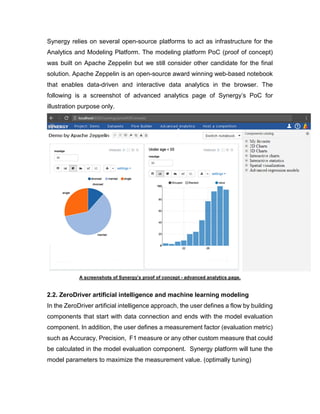 Synergy relies on several open-source platforms to act as infrastructure for the
Analytics and Modeling Platform. The modeling platform PoC (proof of concept)
was built on Apache Zeppelin but we still consider other candidate for the final
solution. Apache Zeppelin is an open-source award winning web-based notebook
that enables data-driven and interactive data analytics in the browser. The
following is a screenshot of advanced analytics page of Synergy’s PoC for
illustration purpose only.
A screenshots of Synergy’s proof of concept - advanced analytics page.
2.2. ZeroDriver artificial intelligence and machine learning modeling
In the ZeroDriver artificial intelligence approach, the user defines a flow by building
components that start with data connection and ends with the model evaluation
component. In addition, the user defines a measurement factor (evaluation metric)
such as Accuracy, Precision, F1 measure or any other custom measure that could
be calculated in the model evaluation component. Synergy platform will tune the
model parameters to maximize the measurement value. (optimally tuning)
 