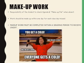 MAKE-UP WORK
• Responsibility of the student to check Agenda & “Make-up File” when absent.
• Work should be made up within one day for each class day missed.
• MAKEUP WORK MUST BE COMPLETED WITHIN A GRADING PERIOD TO RECEIVE
CREDIT.
 