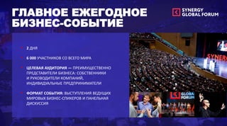 • 2 ДНЯ
• 6 000 УЧАСТНИКОВ СО ВСЕГО МИРА
• ЦЕЛЕВАЯ АУДИТОРИЯ — ПРЕИМУЩЕСТВЕННО
ПРЕДСТАВИТЕЛИ БИЗНЕСА: СОБСТВЕННИКИ
И РУКОВОДИТЕЛИ КОМПАНИЙ,
ИНДИВИДУАЛЬНЫЕ ПРЕДПРИНИМАТЕЛИ
• ФОРМАТ СОБЫТИЯ: ВЫСТУПЛЕНИЯ ВЕДУЩИХ
МИРОВЫХ БИЗНЕС-СПИКЕРОВ И ПАНЕЛЬНАЯ
ДИСКУССИЯ
ГЛАВНОЕ ЕЖЕГОДНОЕ
БИЗНЕС-СОБЫТИЕ
 