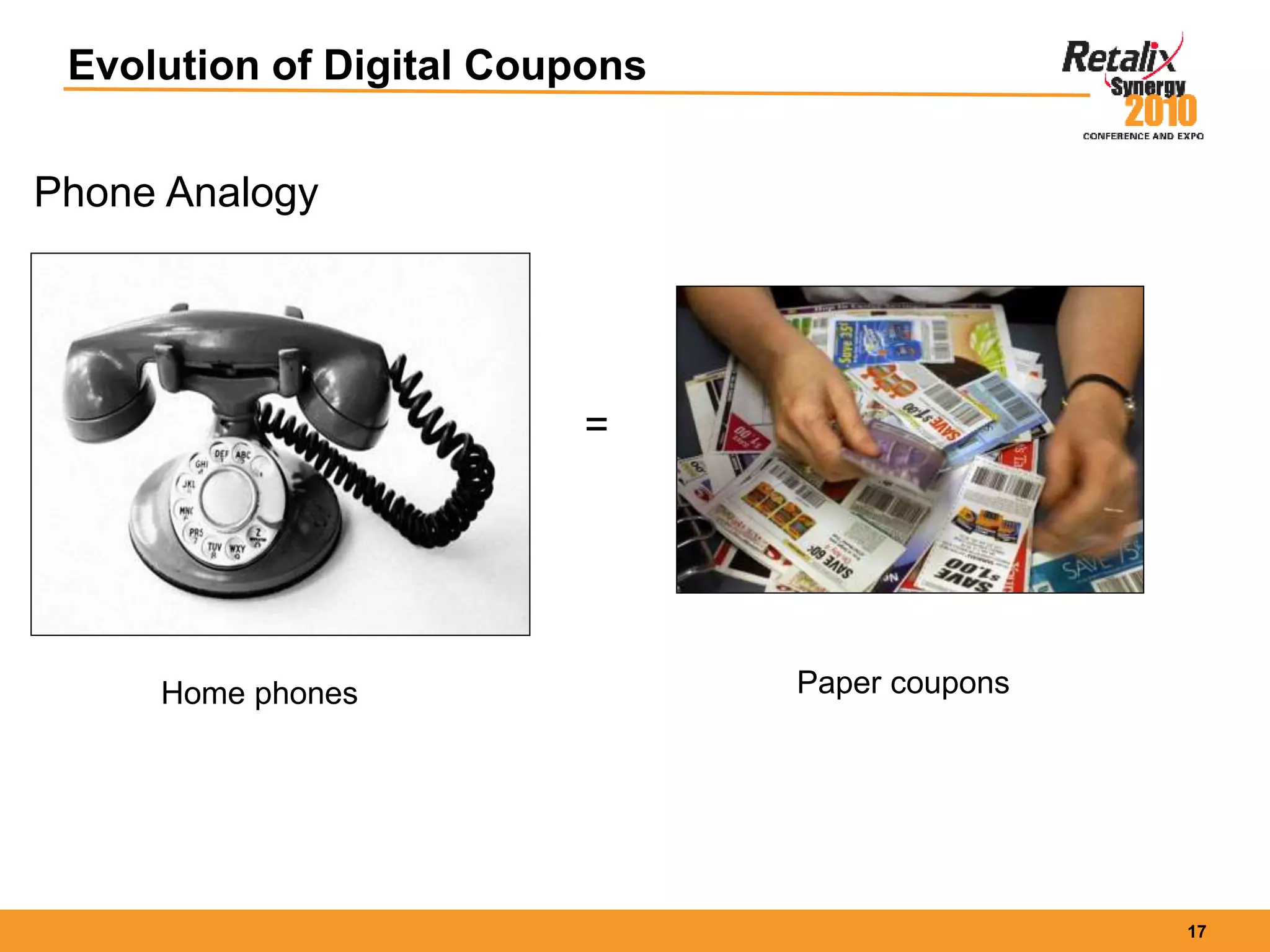 17
Evolution of Digital Coupons
Phone Analogy
=
Home phones Paper coupons
 
