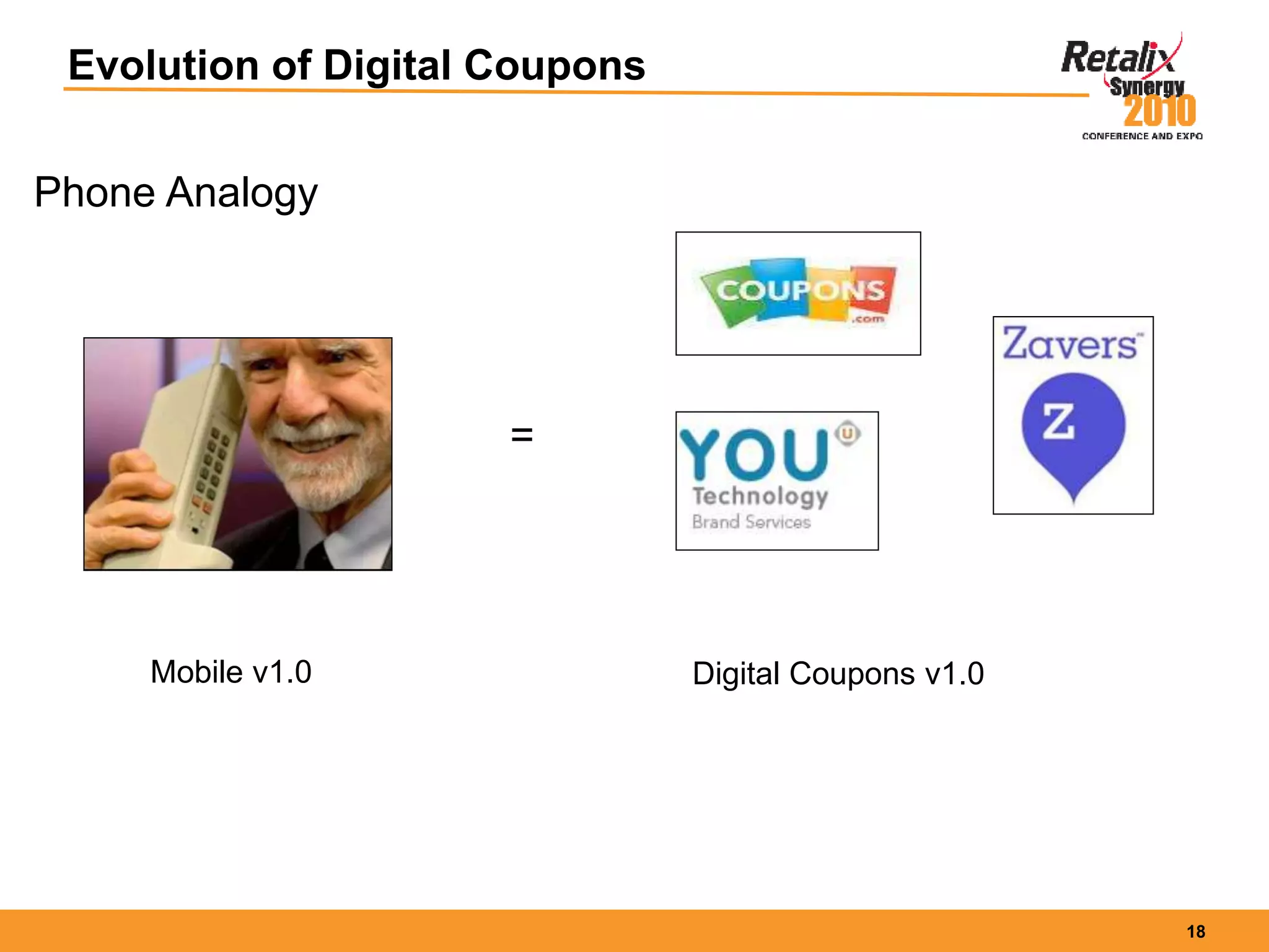 18
Evolution of Digital Coupons
Phone Analogy
=
Mobile v1.0 Digital Coupons v1.0
 