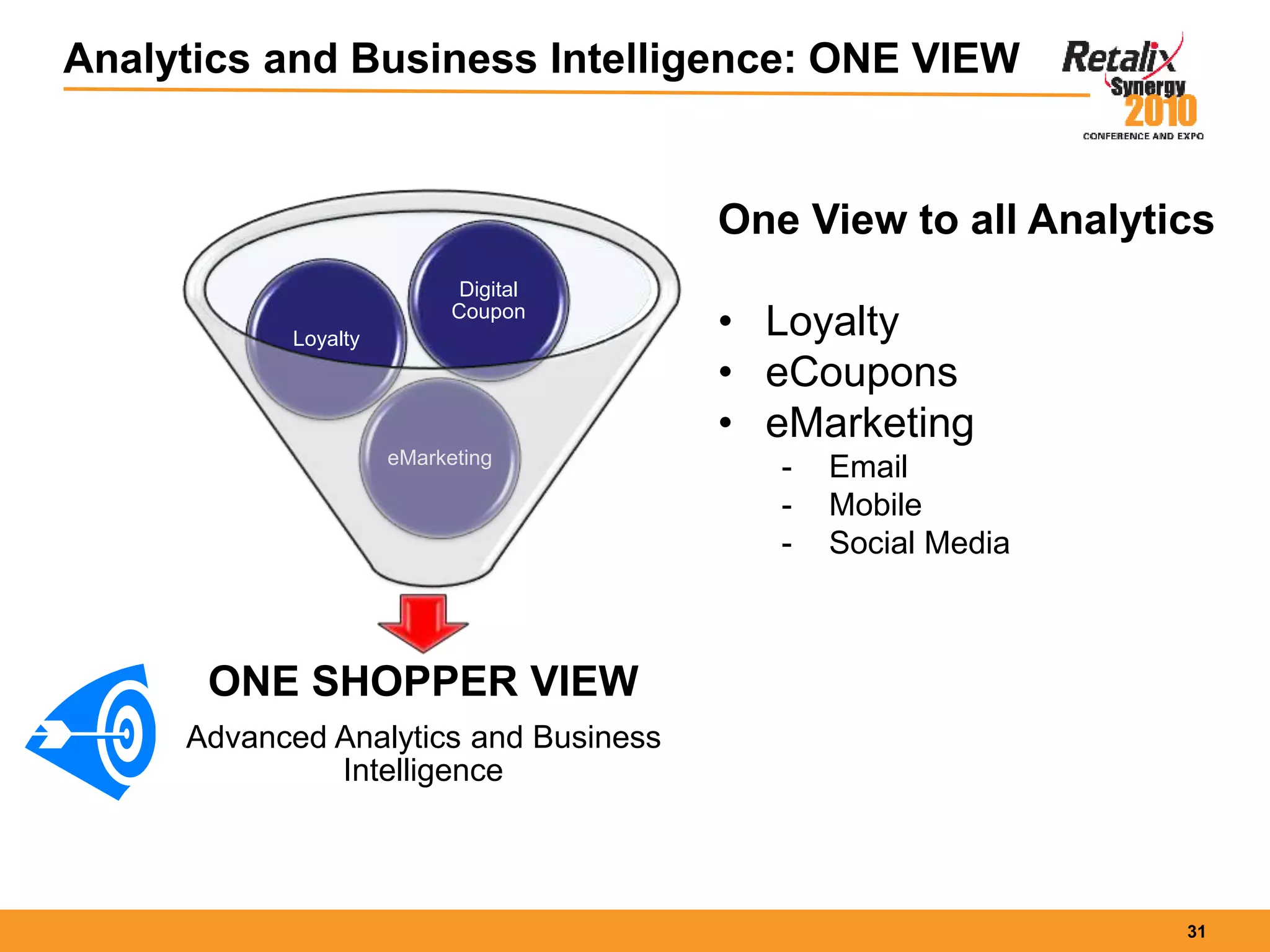 31
Analytics and Business Intelligence: ONE VIEW
ONE SHOPPER VIEW
Advanced Analytics and Business
Intelligence
eMarketing
Loyalty
Digital
Coupon
One View to all Analytics
• Loyalty
• eCoupons
• eMarketing
- Email
- Mobile
- Social Media
 