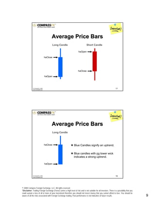 © 2008 Compass Foreign Exchange, LLC. All rights reserved.
*Disclaimer: Trading Foreign Exchange (Forex) carries a high level of risk and is not suitable for all investors. There is a possibility that you
could sustain a loss of all or more of your investment therefore you should not invest money that you cannot afford to lose. You should be
aware of all the risks associated with Foreign Exchange trading. Past performance is not indicative of future results.. 9
17© CompassFX, 2008
www.compassfx.com
Average Price BarsAverage Price Bars
Long Candle Short Candle
haOpen
haOpen
haClose
haClose
18© CompassFX, 2008
www.compassfx.com
Average Price BarsAverage Price Bars
Long Candle
haOpen
haClose Blue Candles signify an uptrend.
Blue candles with no lower wick
indicates a strong uptrend.
 