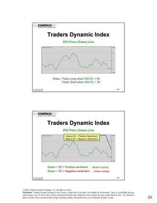 © 2008 Compass Foreign Exchange, LLC. All rights reserved.
*Disclaimer: Trading Foreign Exchange (Forex) carries a high level of risk and is not suitable for all investors. There is a possibility that you
could sustain a loss of all or more of your investment therefore you should not invest money that you cannot afford to lose. You should be
aware of all the risks associated with Foreign Exchange trading. Past performance is not indicative of future results.. 23
45© CompassFX, 2008
www.compassfx.com
RSI Price (Green) LineRSI Price (Green) Line
Rules: Trade Long whenRules: Trade Long when RSI PLRSI PL > 50.> 50.
Trade Short whenTrade Short when RSI PLRSI PL < 50.50.
Traders Dynamic IndexTraders Dynamic Index
46© CompassFX, 2008
www.compassfx.com
RSI Price (Green) LineRSI Price (Green) Line
Above 50 = Positive Sentiment
Below 50 = Negative Sentiment
GreenGreen > 50 => 50 = Positive sentimentPositive sentiment …… (Buyers buying)(Buyers buying)
GreenGreen < 50 =< 50 = Negative sentimentNegative sentiment …… (Sellers selling)(Sellers selling)
Traders Dynamic IndexTraders Dynamic Index
 