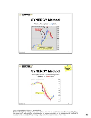 © 2008 Compass Foreign Exchange, LLC. All rights reserved.
*Disclaimer: Trading Foreign Exchange (Forex) carries a high level of risk and is not suitable for all investors. There is a possibility that you
could sustain a loss of all or more of your investment therefore you should not invest money that you cannot afford to lose. You should be
aware of all the risks associated with Foreign Exchange trading. Past performance is not indicative of future results.. 36
71© CompassFX, 2008
www.compassfx.com
SYNERGY MethodSYNERGY Method
“Scale out” examples of a Long trade.
72© CompassFX, 2008
www.compassfx.com
SYNERGY MethodSYNERGY Method
Three higher Lows in a row indicate a potential
“Scale out” for a Short trade.
 