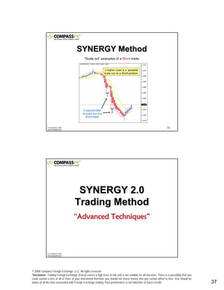 © 2008 Compass Foreign Exchange, LLC. All rights reserved.
*Disclaimer: Trading Foreign Exchange (Forex) carries a high level of risk and is not suitable for all investors. There is a possibility that you
could sustain a loss of all or more of your investment therefore you should not invest money that you cannot afford to lose. You should be
aware of all the risks associated with Foreign Exchange trading. Past performance is not indicative of future results.. 37
73© CompassFX, 2008
www.compassfx.com
SYNERGY MethodSYNERGY Method
“Scale out” examples of a Short trade.
© CompassFX, 2008
www.compassfx.com
SYNERGY 2.0SYNERGY 2.0
Trading MethodTrading Method
““Advanced TechniquesAdvanced Techniques””
 