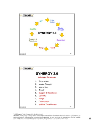 © 2008 Compass Foreign Exchange, LLC. All rights reserved.
*Disclaimer: Trading Foreign Exchange (Forex) carries a high level of risk and is not suitable for all investors. There is a possibility that you
could sustain a loss of all or more of your investment therefore you should not invest money that you cannot afford to lose. You should be
aware of all the risks associated with Foreign Exchange trading. Past performance is not indicative of future results.. 38
75© CompassFX, 2008
www.compassfx.com
Price
Action
Support &
Resistance
Volatility
Market
Strength
Momentum
TrendRange
MTF
SYNERGY 2.0SYNERGY 2.0
76© CompassFX, 2008
www.compassfx.com
1. Price action
2. Market Strength
3. Momentum
4. Trend
5. Support & Resistance
6. Volatility
7. Range
8. Continuation
9. Multiple Time Frames
SYNERGY 2.0SYNERGY 2.0
Advanced TechniquesAdvanced Techniques
 