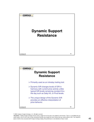 © 2008 Compass Foreign Exchange, LLC. All rights reserved.
*Disclaimer: Trading Foreign Exchange (Forex) carries a high level of risk and is not suitable for all investors. There is a possibility that you
could sustain a loss of all or more of your investment therefore you should not invest money that you cannot afford to lose. You should be
aware of all the risks associated with Foreign Exchange trading. Past performance is not indicative of future results.. 40
79© CompassFX, 2008
www.compassfx.com
Dynamic SupportDynamic Support
ResistanceResistance
80© CompassFX, 2008
www.compassfx.com
Dynamic SupportDynamic Support
ResistanceResistance
Primarily used as an intraday trading tool.
Dynamic S/R changes levels of S/R in
harmony with current price activity unlike
typical S/R levels remaining constant thru
the day such as Daily H/L or Pivot levels.
The unique design of the Dynamic S/R
provides an effective interpretation of
price behavior.
 