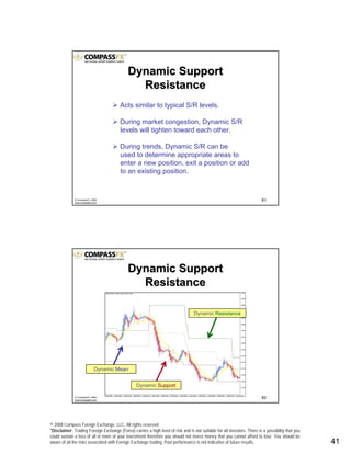 © 2008 Compass Foreign Exchange, LLC. All rights reserved.
*Disclaimer: Trading Foreign Exchange (Forex) carries a high level of risk and is not suitable for all investors. There is a possibility that you
could sustain a loss of all or more of your investment therefore you should not invest money that you cannot afford to lose. You should be
aware of all the risks associated with Foreign Exchange trading. Past performance is not indicative of future results.. 41
81© CompassFX, 2008
www.compassfx.com
Dynamic SupportDynamic Support
ResistanceResistance
Acts similar to typical S/R levels.
During market congestion, Dynamic S/R
levels will tighten toward each other.
During trends, Dynamic S/R can be
used to determine appropriate areas to
enter a new position, exit a position or add
to an existing position.
82© CompassFX, 2008
www.compassfx.com
Dynamic SupportDynamic Support
ResistanceResistance
Dynamic Resistance
Dynamic Support
Dynamic Mean
 