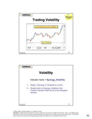 © 2008 Compass Foreign Exchange, LLC. All rights reserved.
*Disclaimer: Trading Foreign Exchange (Forex) carries a high level of risk and is not suitable for all investors. There is a possibility that you
could sustain a loss of all or more of your investment therefore you should not invest money that you cannot afford to lose. You should be
aware of all the risks associated with Foreign Exchange trading. Past performance is not indicative of future results.. 55
109© CompassFX, 2008
www.compassfx.com
Trading VolatilityTrading Volatility
Zero VolatilityZero Volatility
Avoid trading during Zero Volatility!Avoid trading during Zero Volatility!
110© CompassFX, 2008
www.compassfx.com
Indicator name = Synergy_Volatility
1. Apply a “Synergy_2” template to a chart.
2. Double click on Synergy_Volatility in the
Custom Indicator folder found in the Navigator
window.
VolatilityVolatility
 