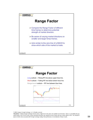 © 2008 Compass Foreign Exchange, LLC. All rights reserved.
*Disclaimer: Trading Foreign Exchange (Forex) carries a high level of risk and is not suitable for all investors. There is a possibility that you
could sustain a loss of all or more of your investment therefore you should not invest money that you cannot afford to lose. You should be
aware of all the risks associated with Foreign Exchange trading. Past performance is not indicative of future results.. 59
117© CompassFX, 2008
www.compassfx.com
Range FactorRange Factor
Compare the Range Factor of different
time frames to determine potential
strength of market direction.
Be aware of varying market directions on
smaller and larger times frames.
Acts similar to the zero line of a MACD to
show which side of the market to trade.
118© CompassFX, 2008
www.compassfx.com
Long outlook ─ Rising RF line above upper blue line.
Short outlook ─ Falling RF line below bottom blue line.
Range-bound outlook ─ RF line between blue lines.
Range FactorRange Factor
 