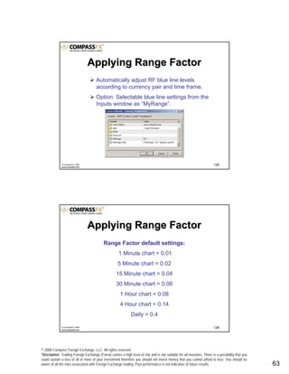 © 2008 Compass Foreign Exchange, LLC. All rights reserved.
*Disclaimer: Trading Foreign Exchange (Forex) carries a high level of risk and is not suitable for all investors. There is a possibility that you
could sustain a loss of all or more of your investment therefore you should not invest money that you cannot afford to lose. You should be
aware of all the risks associated with Foreign Exchange trading. Past performance is not indicative of future results.. 63
125© CompassFX, 2008
www.compassfx.com
Automatically adjust RF blue line levels
according to currency pair and time frame.
Option: Selectable blue line settings from the
Inputs window as “MyRange”.
Applying Range FactorApplying Range Factor
126© CompassFX, 2008
www.compassfx.com
Range Factor default settings:
1 Minute chart = 0.01
5 Minute chart = 0.02
15 Minute chart = 0.04
30 Minute chart = 0.06
1 Hour chart = 0.08
4 Hour chart = 0.14
Daily = 0.4
Applying Range FactorApplying Range Factor
 