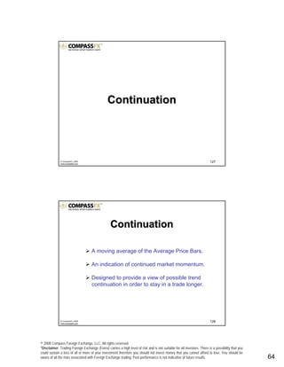 © 2008 Compass Foreign Exchange, LLC. All rights reserved.
*Disclaimer: Trading Foreign Exchange (Forex) carries a high level of risk and is not suitable for all investors. There is a possibility that you
could sustain a loss of all or more of your investment therefore you should not invest money that you cannot afford to lose. You should be
aware of all the risks associated with Foreign Exchange trading. Past performance is not indicative of future results.. 64
127© CompassFX, 2008
www.compassfx.com
ContinuationContinuation
128© CompassFX, 2008
www.compassfx.com
ContinuationContinuation
A moving average of the Average Price Bars.
An indication of continued market momentum.
Designed to provide a view of possible trend
continuation in order to stay in a trade longer.
 