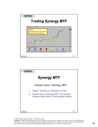 © 2008 Compass Foreign Exchange, LLC. All rights reserved.
*Disclaimer: Trading Foreign Exchange (Forex) carries a high level of risk and is not suitable for all investors. There is a possibility that you
could sustain a loss of all or more of your investment therefore you should not invest money that you cannot afford to lose. You should be
aware of all the risks associated with Foreign Exchange trading. Past performance is not indicative of future results.. 76
151© CompassFX, 2008
www.compassfx.com
Trading Synergy MTFTrading Synergy MTF
Step 4
Consider lower time frames
for Entry / Exit warning.
152© CompassFX, 2008
www.compassfx.com
Indicator name = Synergy_MTF
1. Apply a “Synergy_2” template to a chart.
2. Double click on Synergy_MTF in the Custom
Indicator folder found in the Navigator window.
Synergy MTFSynergy MTF
 