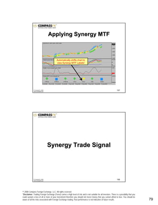 © 2008 Compass Foreign Exchange, LLC. All rights reserved.
*Disclaimer: Trading Foreign Exchange (Forex) carries a high level of risk and is not suitable for all investors. There is a possibility that you
could sustain a loss of all or more of your investment therefore you should not invest money that you cannot afford to lose. You should be
aware of all the risks associated with Foreign Exchange trading. Past performance is not indicative of future results.. 79
157© CompassFX, 2008
www.compassfx.com
Applying Synergy MTFApplying Synergy MTF
Automatically shifts chart to
view Synergy MTF Labels!
158© CompassFX, 2008
www.compassfx.com
Synergy Trade SignalSynergy Trade Signal
 