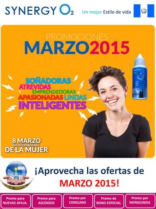Promociones de
SynergyO2 Guatemala para
Marzo 2015
Un mejor Estilo de vida
¡Aprovecha las ofertas de
MARZO 2015!
Promo para
NUEVAS AFILIA.
Promo para
ASCENSOS
Promo por
CONSUMO
Promo de
BONO ESPECIAL
Promo por
PATROCINIOS
 
