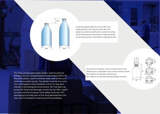the maximum diameter a round container can fit into.
WD/DD data is applicable to npn-round containers where
HB <=200mm for standard machine and
HB <=265mm for optional extended daylight machine
Using the standard injection screw & PET resin
Using optional IU-10L injection unit & PET resin
subject to container specification, number of cavities
actual driving power consumption is typically 20-25%
actual heating power consumption is typically 30-40%
The clear, strong, lightweight plastic used for pharma
bottles is known as polyethylene terephthalate (PET); it’s
the same plastic used fro bottled water, soft drinks, and
other consumable liquids. The plastic must be non-toxic,
non-carcinogenic, biocompatible, and in no way detri-
mental in the biological environment. PET has been ap-
proved for food and beverage contact by the FDA, Health
Canada, and the European Food Safety Authority. PET
packaging is actually part of the drug development pro-
cess when it’s tested for leaching and extractability.
 