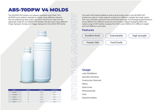 Features
Usage
Lube Oil/Additives
Specialty Chemaicals
Construction Chemicals
FMCGs
Paints & Inks
Pharmaceuticals
Food
Dyesntermediates
ABS-70DPW V4 MOLDS
The 28 ROPP PET bottle is an industry standard neck finish. This
28 ROPP neck makes it possible to supply many different closures
like the dispensing caps, screw cap and or aluminium caps who are
especially made for our KA2823 PET bottles. We also have many different
Finger Sprayers, Pumps and Trigger Sprayers for the 240ml PET bottle
The 240ml PET bottle KA2823 as well as all the other sizes in the 28 ROPP PET
bottles are used in a wide range for products in different markets like: body cream,
hair care, cosmetics, personal care and food & beverage. The Packaging specifications
all are different for different products and markets, Frapak Packaging offers the
widest range of PET bottles ranging from 10ml up to 1000ml all in different weight
and with different neck sizes.
CAVITY
#NO WEIGHT CAPACITY
20
K66209 10.5mg 60ml
20
K6620901 9.5mg 60ml
20
K66210 13.5mg 120ml
20
K6621001 12.5mg 120ml
20
K66211 15.5mg 120ml
Freezer Safe
High strength
Unbreakable
Excellent finish
Food Grade
 