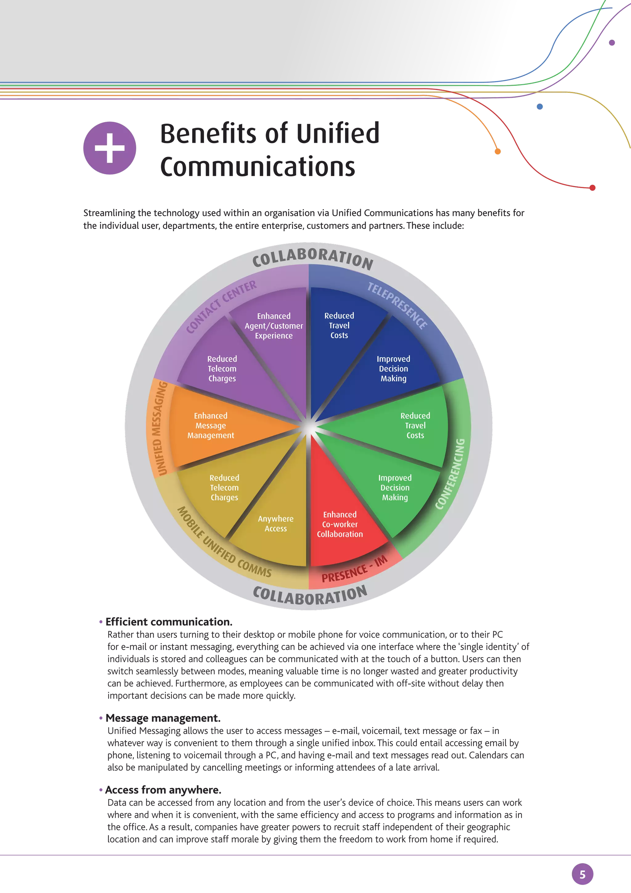 Benefits of Unified
		                      Communications
Streamlining the technology used within an organisation via Unified Communications has many benefits for
the individual user, departments, the entire enterprise, customers and partners. These include:


                                                                 BO R ATION
                                                          CO LLA
                                                        TER                              TEL
                                                                                            EP
                                                  T CEN                                       RE
                                              C                                                 SE
                                            TA             Enhanced        Reduced                 N
                                        N




                                                        Agent/Customer      Travel




                                                                                                       CE
                                     CO




                                                          Experience        Costs

                                              Reduced                                      Improved
                                              Telecom                                       Decision
                                              Charges                                       Making
                      D Messaging




                                       Enhanced                                                  Reduced
                                       Message                                                    Travel
                                      Management                                                  Costs


                                                                                                                   G
                UNIFIE




                                                                                                               ENCIN
                                              Reduced                                      Improved
                                                                                                              FER


                                              Telecom                                       Decision
                                              Charges                                       Making
                                                                                                               N
                                                                                                            CO
                                    MO




                                                                           Enhanced
                                                              Anywhere
                                                                          Co-worker
                                      BI




                                                               Access
                                                                         Collaboration
                                         UN
                                         LE




                                            IFI
                                               ED
                                                  COM                                      IM
                                                     MS                         CE -
                                                                          PRESEN
                                                         COLLA
                                                               BO R ATION
	 • Efficient communication.
		 Rather than users turning to their desktop or mobile phone for voice communication, or to their PC 	
		   for e-mail or instant messaging, everything can be achieved via one interface where the ‘single identity’ of
		   individuals is stored and colleagues can be communicated with at the touch of a button. Users can then 	
		   switch seamlessly between modes, meaning valuable time is no longer wasted and greater productivity 	
		   can be achieved. Furthermore, as employees can be communicated with off-site without delay then 	
		   important decisions can be made more quickly.

	 • Message management.
		 Unified Messaging allows the user to access messages – e-mail, voicemail, text message or fax – in 		
		 whatever way is convenient to them through a single unified inbox. This could entail accessing email by 	
		 phone, listening to voicemail through a PC, and having e-mail and text messages read out. Calendars can 	
		 also be manipulated by cancelling meetings or informing attendees of a late arrival.

	 • Access from anywhere.
		 Data can be accessed from any location and from the user’s device of choice. This means users can work 	
		 where and when it is convenient, with the same efficiency and access to programs and information as in 	
		 the office. As a result, companies have greater powers to recruit staff independent of their geographic 	
	 	 location and can improve staff morale by giving them the freedom to work from home if required.


                                                                                                                       5
 