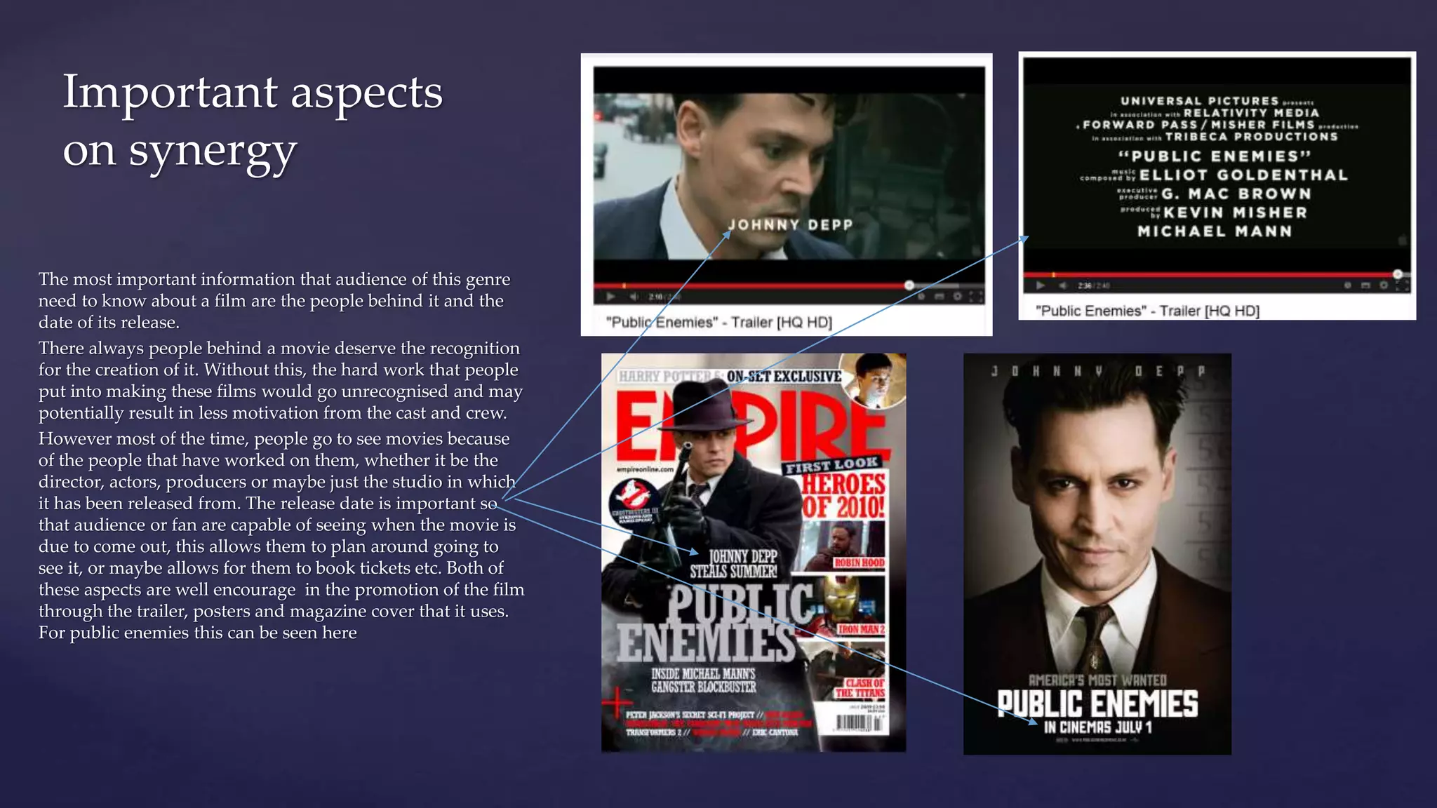 The most important information that audience of this genre
need to know about a film are the people behind it and the
date of its release.
There always people behind a movie deserve the recognition
for the creation of it. Without this, the hard work that people
put into making these films would go unrecognised and may
potentially result in less motivation from the cast and crew.
However most of the time, people go to see movies because
of the people that have worked on them, whether it be the
director, actors, producers or maybe just the studio in which
it has been released from. The release date is important so
that audience or fan are capable of seeing when the movie is
due to come out, this allows them to plan around going to
see it, or maybe allows for them to book tickets etc. Both of
these aspects are well encourage in the promotion of the film
through the trailer, posters and magazine cover that it uses.
For public enemies this can be seen here
Important aspects
on synergy
 