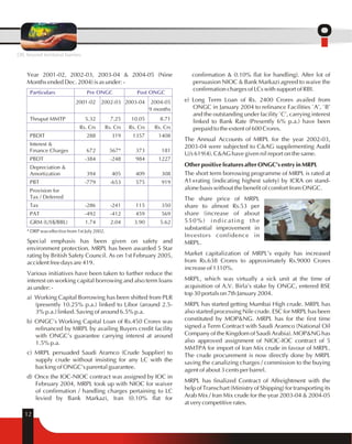 Year 2001-02, 2002-03, 2003-04 & 2004-05 (Nine 
Months ended Dec. 2004) is as under: - 
Particulars Pre ONGC Post ONGC 
12 
2001-02 2002-03 2003-04 2004-05 
9 months 
Thruput MMTP 5.32 7.25 10.05 8.71 
Rs. Crs Rs. Crs Rs. Crs Rs. Crs 
PBDIT 288 319 1357 1408 
Interest & 
Finance Charges 672 567* 373 181 
PBDT -384 -248 984 1227 
Depreciation & 
Amortization 394 405 409 308 
PBT -779 -653 575 919 
Provision for 
Tax / Deferred 
Tax -286 -241 115 350 
PAT -492 -412 459 569 
GRM (US$/BBL) 1.74 2.04 3.90 5.62 
* DRP was effective from 1st July 2002. 
Special emphasis has been given on safety and 
environment protection. MRPL has been awarded 5 Star 
rating by British Safety Council. As on 1st February 2005, 
accident free days are 419. 
Various initiatives have been taken to further reduce the 
interest on working capital borrowing and also term loans 
as under: - 
a) Working Capital Borrowing has been shifted from PLR 
(presently 10.25% p.a.) linked to Libor (around 2.5- 
3% p.a.) linked. Saving of around 6.5% p.a. 
b) ONGC's Working Capital Loan of Rs.450 Crores was 
refinanced by MRPL by availing Buyers credit facility 
with ONGC's guarantee carrying interest at around 
1.5% p.a. 
c) MRPL persuaded Saudi Aramco (Crude Supplier) to 
supply crude without insisting for any LC with the 
backing of ONGC's parental guarantee. 
d) Once the IOC-NIOC contract was assigned by IOC in 
February 2004, MRPL took up with NIOC for waiver 
of confirmation / handling charges pertaining to LC 
levied by Bank Markazi, Iran (0.10% flat for 
confirmation & 0.10% flat for handling). After lot of 
persuasion NIOC & Bank Markazi agreed to waive the 
confirmation charges of LCs with support of RBI. 
e) Long Term Loan of Rs. 2400 Crores availed from 
ONGC in January 2004 to refinance Facilities `A', `B' 
and the outstanding under facility `C', carrying interest 
linked to Bank Rate (Presently 6% p.a.) have been 
prepaid to the extent of 600 Crores. 
The Annual Accounts of MRPL for the year 2002-03, 
2003-04 were subjected to C&AG supplementing Audit 
U/s 619(4). C&AG have given nil report on the same. 
Other positive features after ONGC's entry in MRPL 
The short term borrowing programme of MRPL is rated at 
A1+rating (indicating highest safety) by ICRA on stand-alone 
basis without the benefit of comfort from ONGC. 
The share price of MRPL 
share to almost Rs.53 per 
share (increase of about 
550%) indicating the 
substantial improvement in 
Investors confidence in 
MRPL. 
Market capitalization of MRPL's equity has increased 
from Rs.638 Crores to approximately Rs.9000 Crores 
increase of 1310%. 
MRPL, which was virtually a sick unit at the time of 
acquisition of A.V. Birla's stake by ONGC, entered BSE 
top 30 portals on 7th January 2004. 
MRPL has started getting Mumbai High crude. MRPL has 
also started processing Nile crude. ESC for MRPL has been 
constituted by MOP&NG. MRPL has for the first time 
signed a Term Contract with Saudi Aramco (National Oil 
Company of the Kingdom of Saudi Arabia). MOP&NG has 
also approved assignment of NIOC-IOC contract of 5 
MMTPA for import of Iran Mix crude in favour of MRPL. 
The crude procurement is now directly done by MRPL 
saving the canalizing charges / commission to the buying 
agent of about 3 cents per barrel. 
MRPL has finalized Contract of Affreightment with the 
help of Transchart (Ministry of Shipping) for transporting its 
Arab Mix / Iran Mix crude for the year 2003-04 & 2004-05 
at very competitive rates. 
OIL beyond territorial barriers 
 