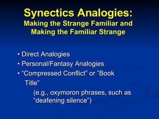 Synectics Analogies: Making the Strange Familiar and Making the Familiar Strange •  Direct Analogies •  Personal/Fantasy Analogies • “ Compressed Conflict” or ”Book    Title”  (e.g., oxymoron phrases, such as  “deafening silence”) 