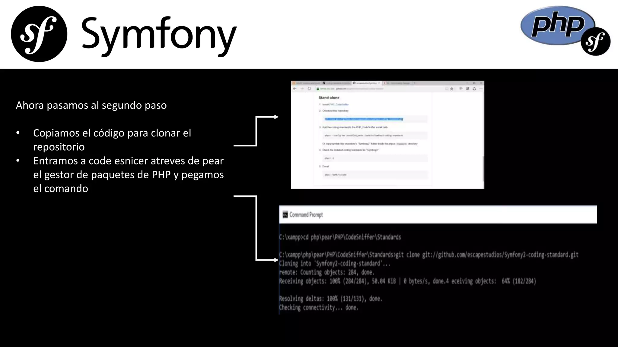 Ahora pasamos al segundo paso
• Copiamos el código para clonar el
repositorio
• Entramos a code esnicer atreves de pear
el gestor de paquetes de PHP y pegamos
el comando
 