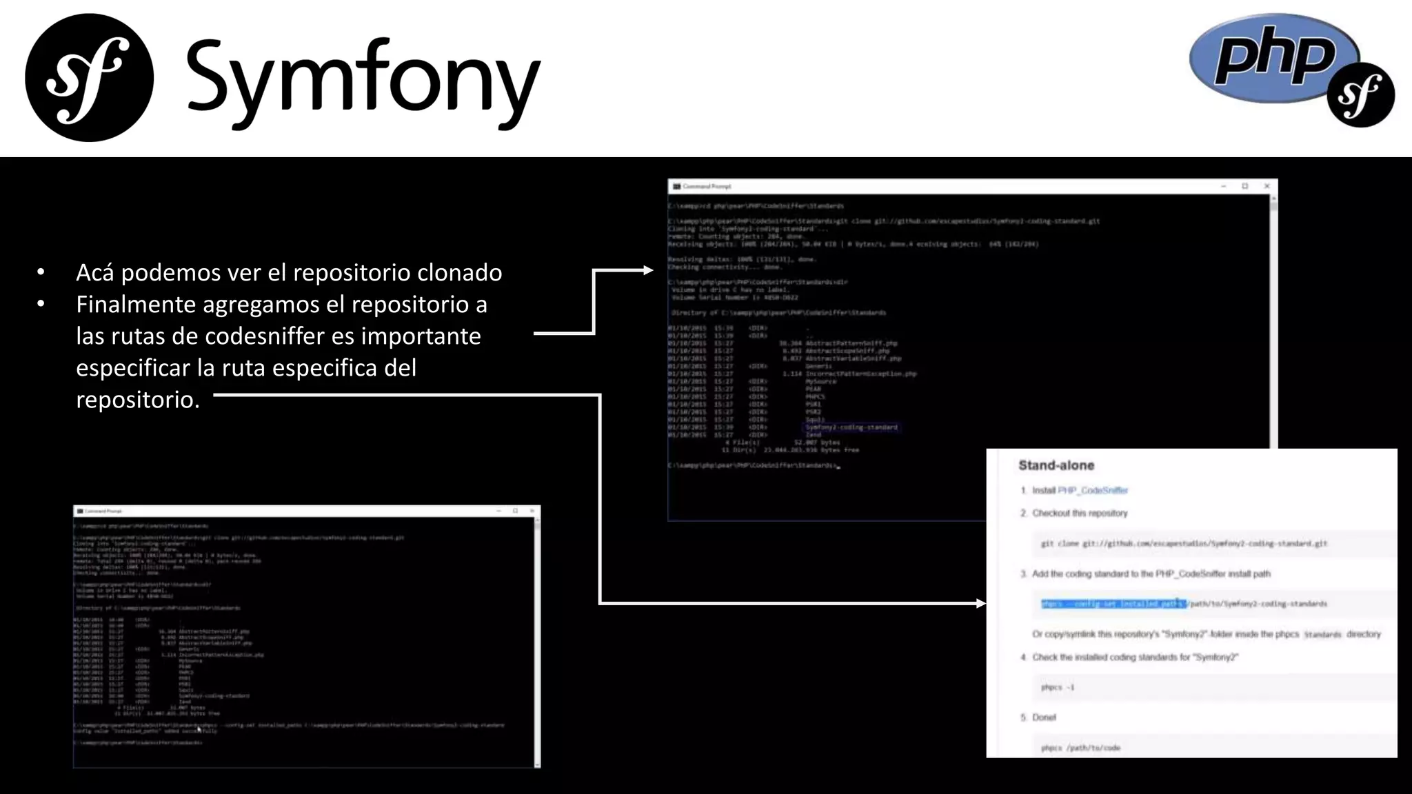 • Acá podemos ver el repositorio clonado
• Finalmente agregamos el repositorio a
las rutas de codesniffer es importante
especificar la ruta especifica del
repositorio.
 