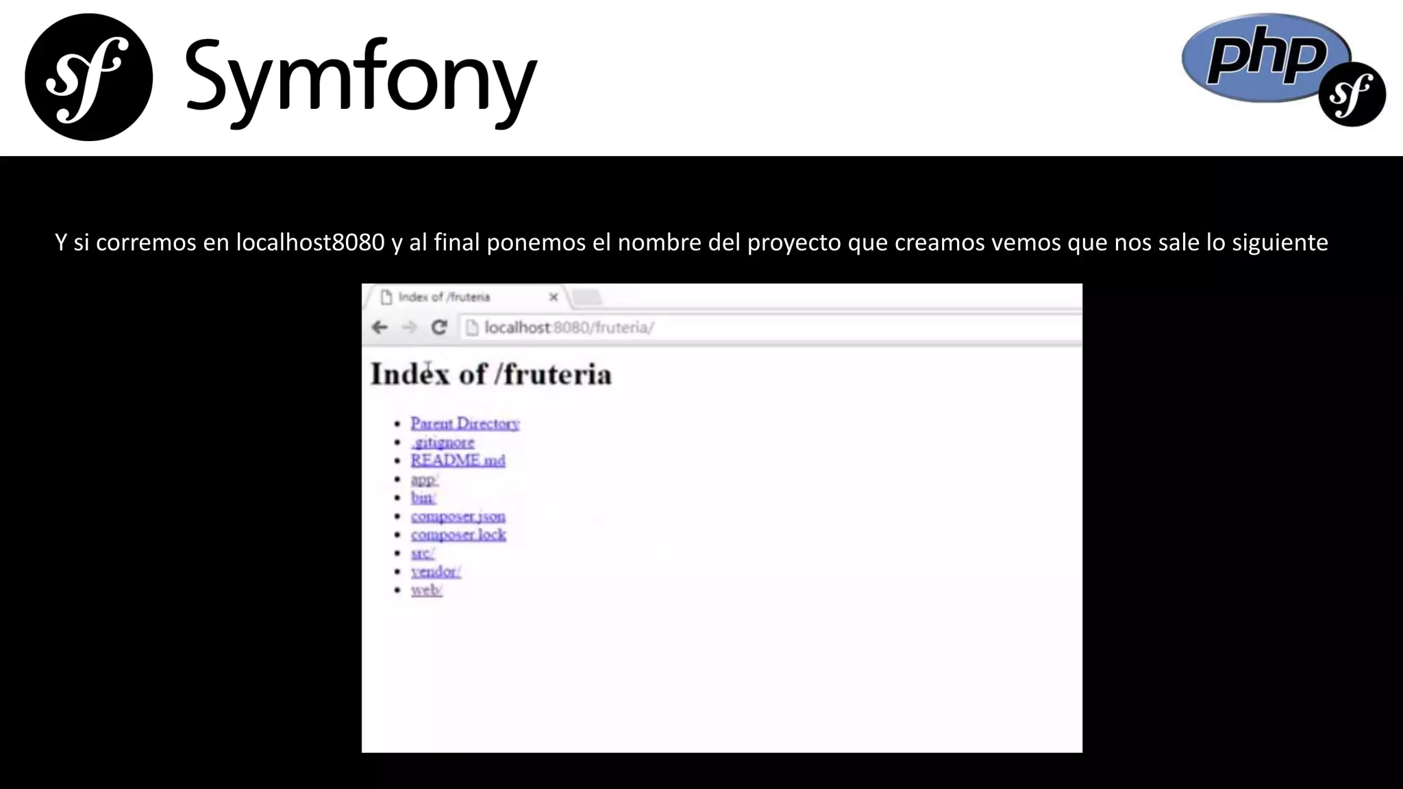 Y si corremos en localhost8080 y al final ponemos el nombre del proyecto que creamos vemos que nos sale lo siguiente
 