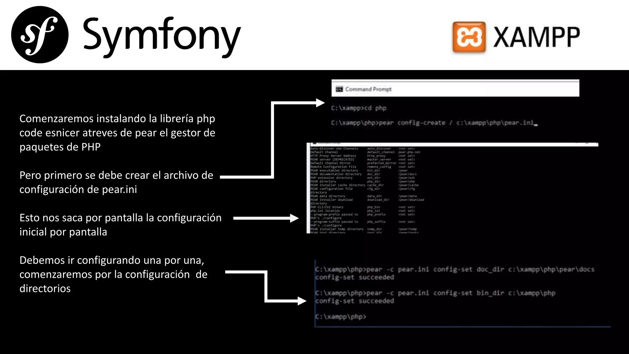 Comenzaremos instalando la librería php
code esnicer atreves de pear el gestor de
paquetes de PHP
Pero primero se debe crear el archivo de
configuración de pear.ini
Esto nos saca por pantalla la configuración
inicial por pantalla
Debemos ir configurando una por una,
comenzaremos por la configuración de
directorios
 