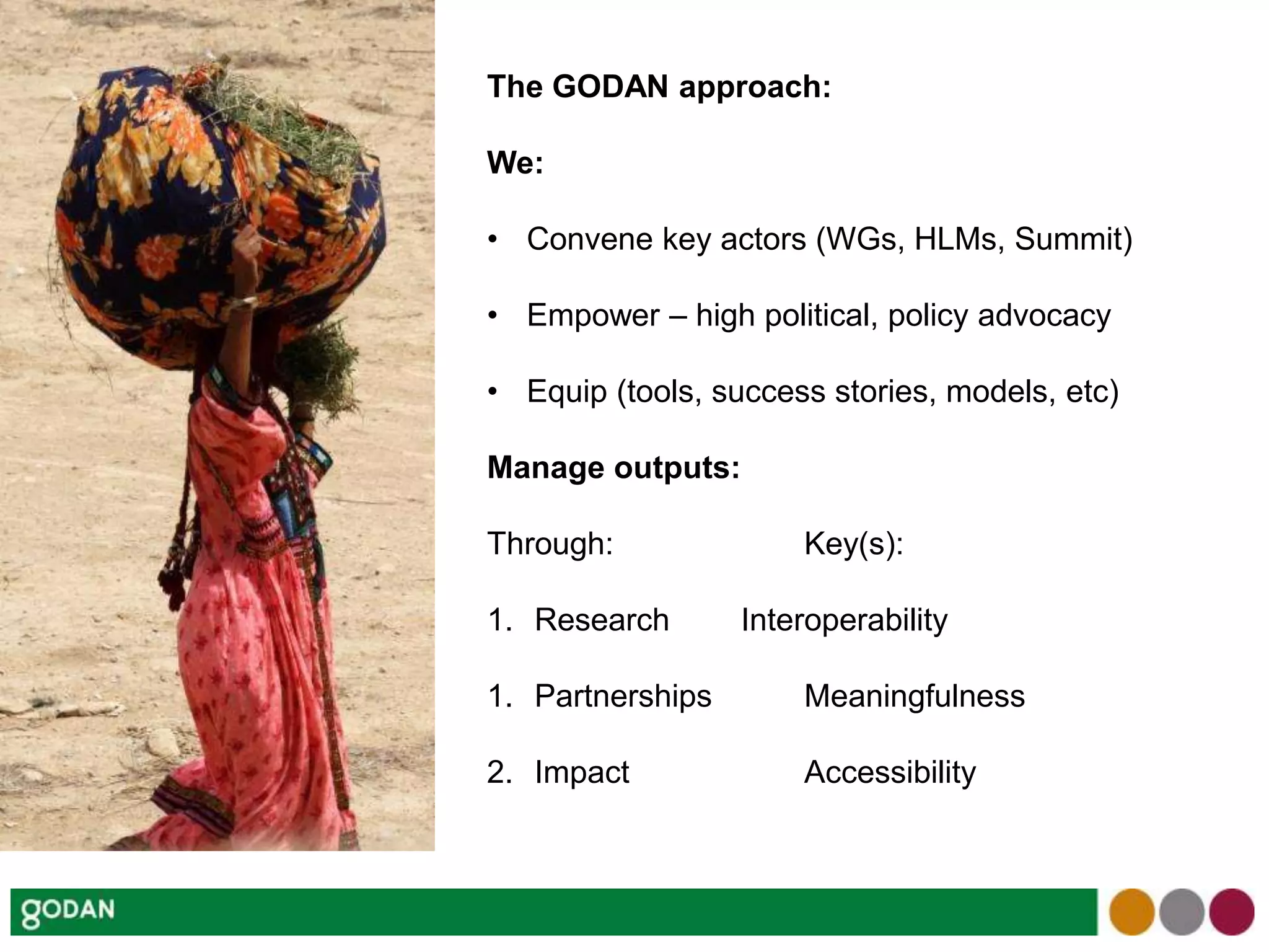 The GODAN approach:
We:
• Convene key actors (WGs, HLMs, Summit)
• Empower – high political, policy advocacy
• Equip (tools, success stories, models, etc)
Manage outputs:
Through: Key(s):
1. Research Interoperability
1. Partnerships Meaningfulness
2. Impact Accessibility
 