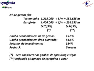 Nº de gemas /ha
Testemunha 1.213.000 ÷ 8/m = 151.625 m
Euroforte 1.406.000 ÷ 6/m = 234.333 m
(+15,9%) (+54,5%)
(*) (**)
Ganho econômico em nº de gemas: 15,9%
Ganho econômico em área plantada: 54,5%
Retorno do Investimento: 384%
Payback: 6 meses
(*) Sem considerar os ganhos de sprouting e vigor
(**) Incluindo os ganhos de sprouting e vigor
 