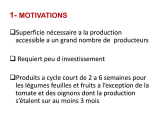 1- MOTIVATIONS

Superficie nécessaire a la production
 accessible a un grand nombre de producteurs

 Requiert peu d inve...