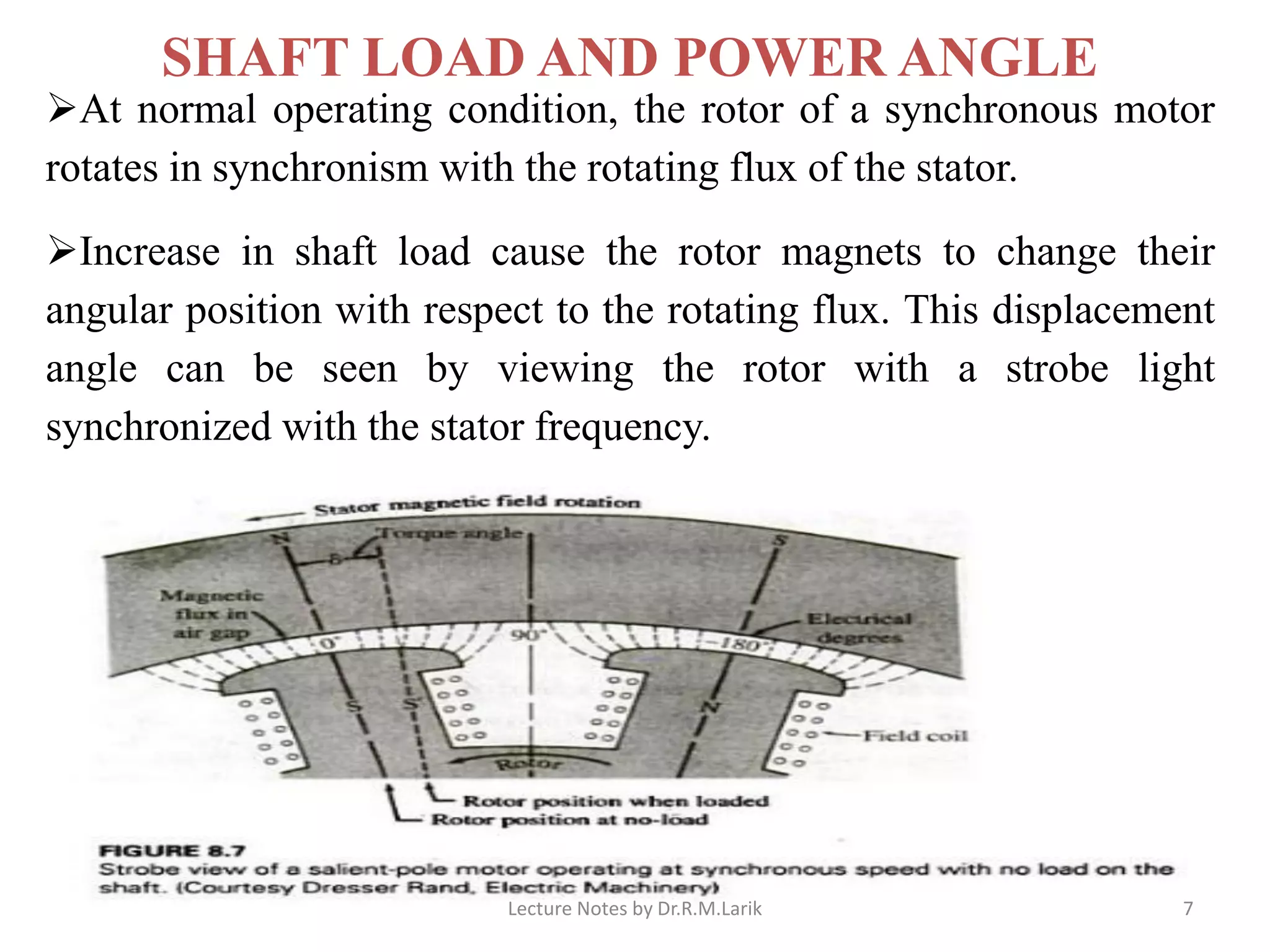 SHAFT LOAD AND POWER ANGLE
➢At normal operating condition, the rotor of a synchronous motor
rotates in synchronism with the rotating flux of the stator.
➢Increase in shaft load cause the rotor magnets to change their
angular position with respect to the rotating flux. This displacement
angle can be seen by viewing the rotor with a strobe light
synchronized with the stator frequency.
Lecture Notes by Dr.R.M.Larik 7
 