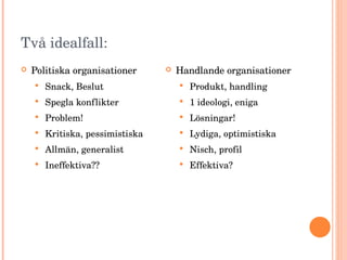 Två idealfall: Politiska organisationer Snack, Beslut Spegla konflikter Problem! Kritiska, pessimistiska Allmän, generalist Ineffektiva?? Handlande organisationer Produkt, handling 1 ideologi, eniga Lösningar! Lydiga, optimistiska Nisch, profil Effektiva? 