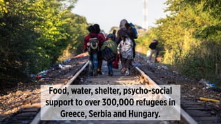 Food, water, shelter, psycho-social
support to over 300,000 refugees in
Greece, Serbia and Hungary.
 