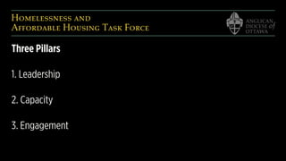 Homelessness and  
Affordable Housing Task Force
Three Pillars
1. Leadership
2. Capacity
3. Engagement
 