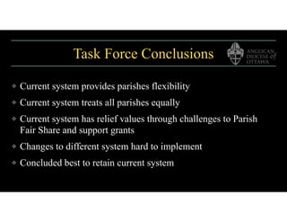 Task Force Conclusions
❖ Current system provides parishes flexibility
❖ Current system treats all parishes equally
❖ Current system has relief values through challenges to Parish
Fair Share and support grants
❖ Changes to different system hard to implement
❖ Concluded best to retain current system
 