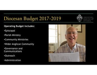 Diocesan Budget 2017-2019
Operating Budget includes:
•Episcopal
•Parish Ministry
•Community Ministries
•Wider Anglican Community
•Governance and
Communications
•Outreach
•Administration
 