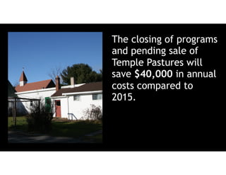 The closing of programs
and pending sale of
Temple Pastures will
save $40,000 in annual
costs compared to
2015.
 