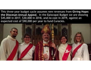 This three-year budget cycle assumes new revenues from Giving Hope:
the Diocesan Annual Appeal. In the Episcopal Budget we are showing
$45,000 in 2017, $30,000 in 2018, and no cost in 2019, against an
expected cost of $90,000 per year to fund Curacies.
 