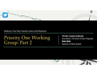 Walking in Your Way Towards Justice and Wholeness
Priority One Working
Group: Part 2
The Rev. Carolyn Seabrook
Incumbent, The Parish of Kars-Osgoode
Peter Reid
Deanery of West Quebec
 
