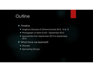 Outline
! Timeline
! Anglican Diocese of Ottawa Synods 2013, 14 & 15
! Photograph of Aylan Kurdi – September 2015
! Sponsorship from September 2015 to September
2016
! What have we learned?
! Diocese
! Sponsoring Groups
 
