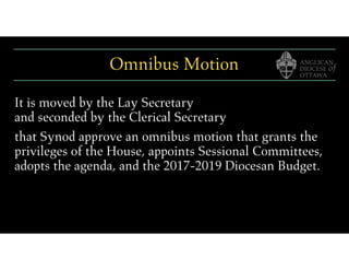 Omnibus Motion
It is moved by the Lay Secretary
and seconded by the Clerical Secretary
that Synod approve an omnibus motion that grants the
privileges of the House, appoints Sessional Committees,
adopts the agenda, and the 2017-2019 Diocesan Budget.
 