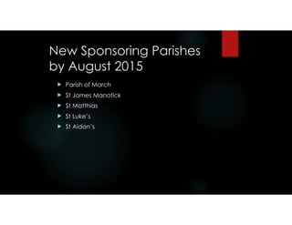 New Sponsoring Parishes
by August 2015
! Parish of March
! St James Manotick
! St Matthias
! St Luke’s
! St Aidan’s
 