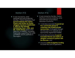 Motion #15
! It was moved by Jane
Maxwell and seconded by
the Rev. Patrick Stephens that
Synod endorses the Call to
Prayer and Action on Syrian
refugees issued on September
3, 2015 by the Primate,
Archbishop Fred J. Hiltz, and
Ms. Adele Finney (Executive
Director of PWRDF), including
financially supporting the work
of PWRDF and its partners in
the region.
Motion #16
! It was moved by the Rev. Patrick
Stephens and seconded by Jane
Maxwell that Synod directs
Diocesan Council to
! 1) develop processes to permit ad
hoc community groups to
undertake fully funded private
sponsorships of refugees through
the Diocese in its capacity as a
Sponsorship Agreement Holder,
! 2) develop processes to permit
Canadian friends and relatives of
refugees overseas to partner with
the Diocese, and
! 3) pursue extra-budgetary funding
to cover the cost of operations.
 