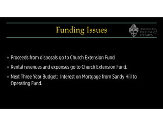 Funding Issues
❖ Proceeds from disposals go to Church Extension Fund
❖ Rental revenues and expenses go to Church Extension Fund.
❖ Next Three Year Budget: Interest on Mortgage from Sandy Hill to
Operating Fund.
 